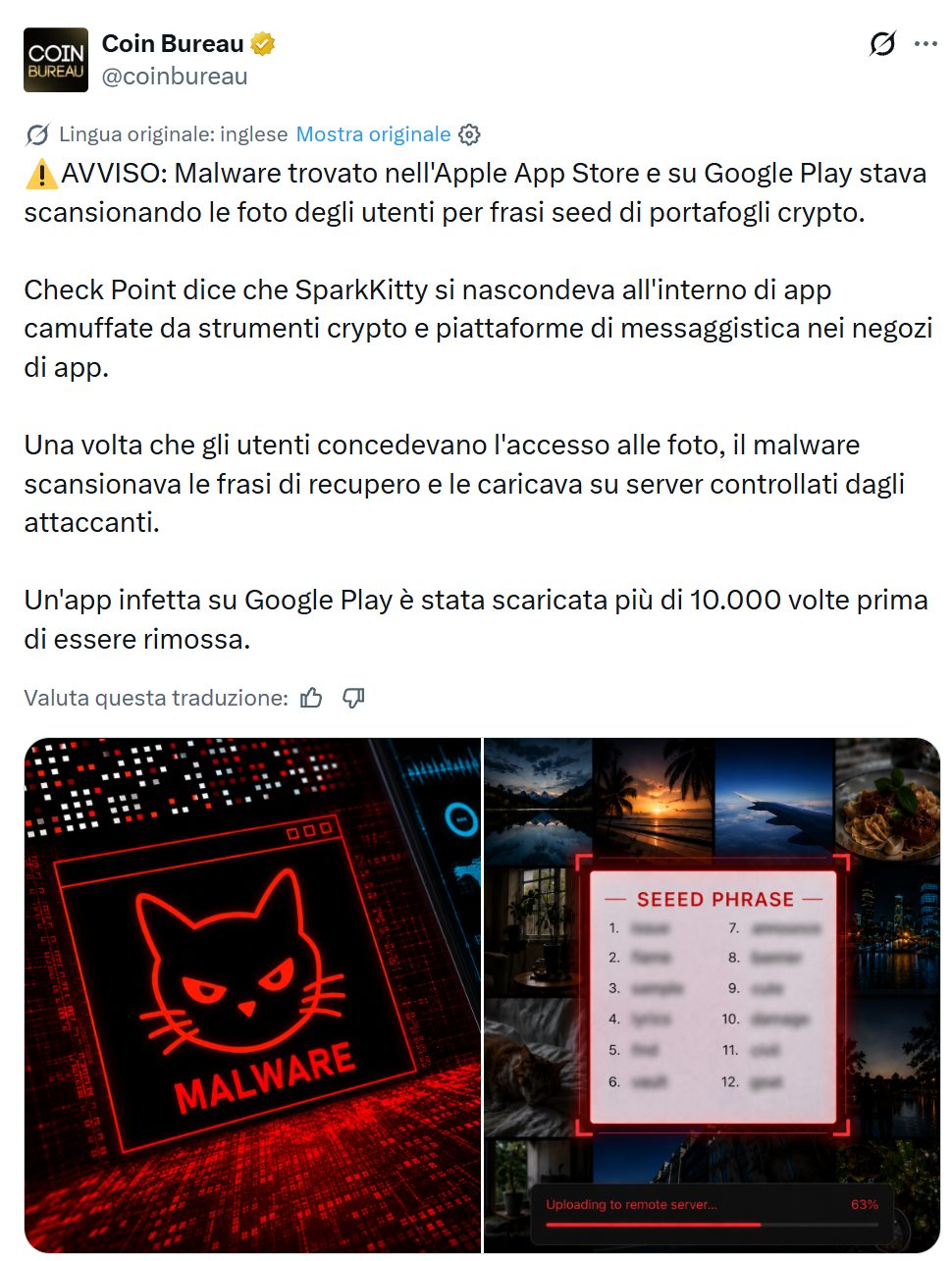 Post di Coin Bureau su X che segnala il malware SparkKitty trovato su Apple App Store e Google Play, capace di scansionare le foto degli utenti alla ricerca di seed phrase.