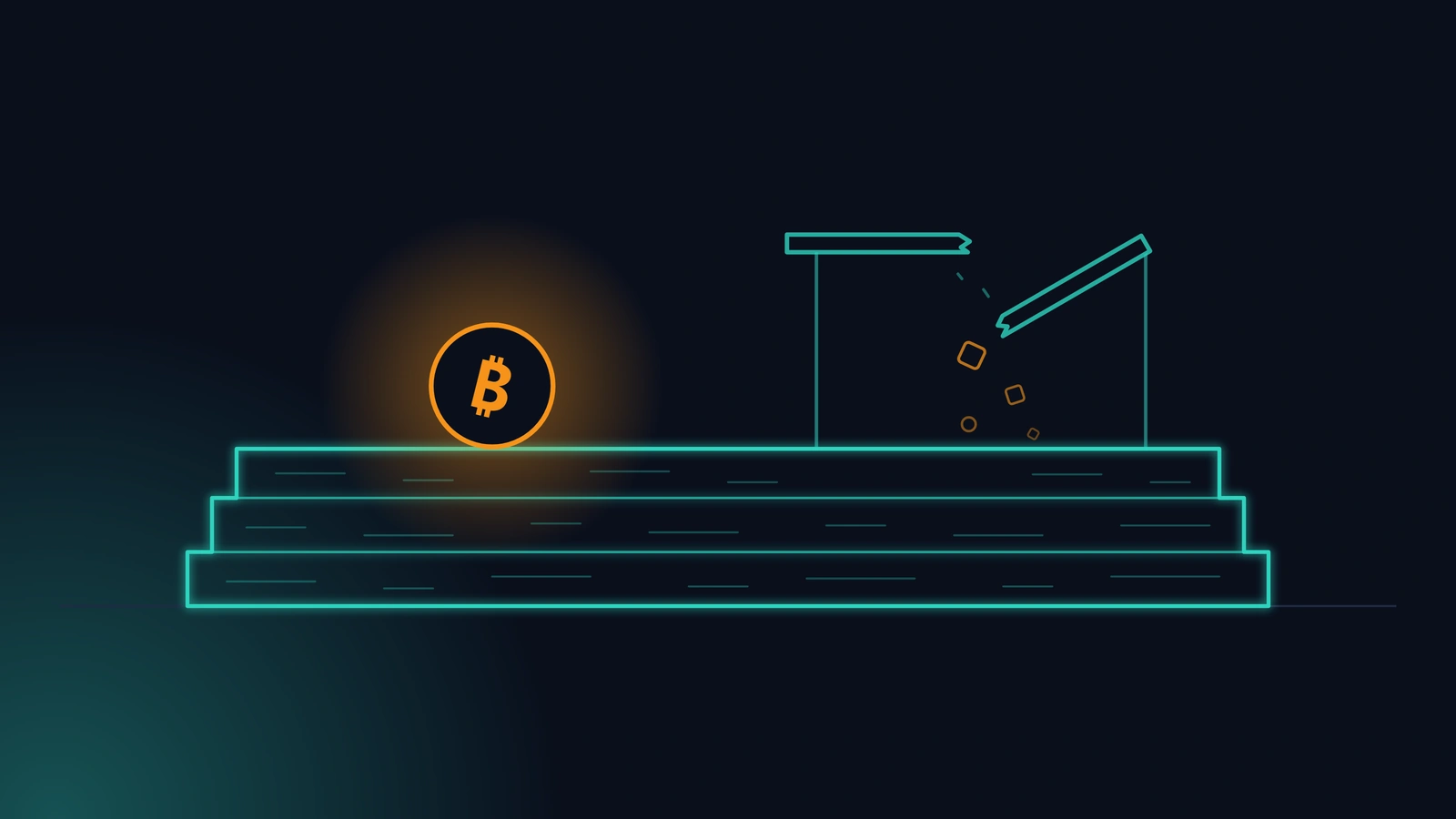 Illustrazione SAFE21: una base di roccia stratificata, luminosa e solida, su cui poggia al sicuro una moneta Bitcoin arancione. Sopra la stessa roccia, a destra, una piattaforma più recente sostenuta da due pali si è spezzata a metà e ne cadono dei frammenti. Rappresenta la rete Bitcoin che regge mentre si rompe uno strato costruito sopra.