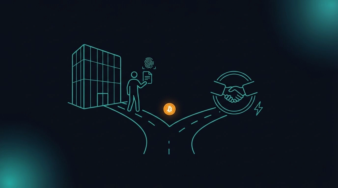 Illustrazione SAFE21: una strada si divide in due. A sinistra una persona porta un documento d'identità e un'impronta digitale verso un edificio con vetrate, il canale centralizzato con KYC. A destra un cerchio con una stretta di mano e un fulmine rappresenta lo scambio diretto peer-to-peer. Al centro del bivio, una moneta Bitcoin arancione.