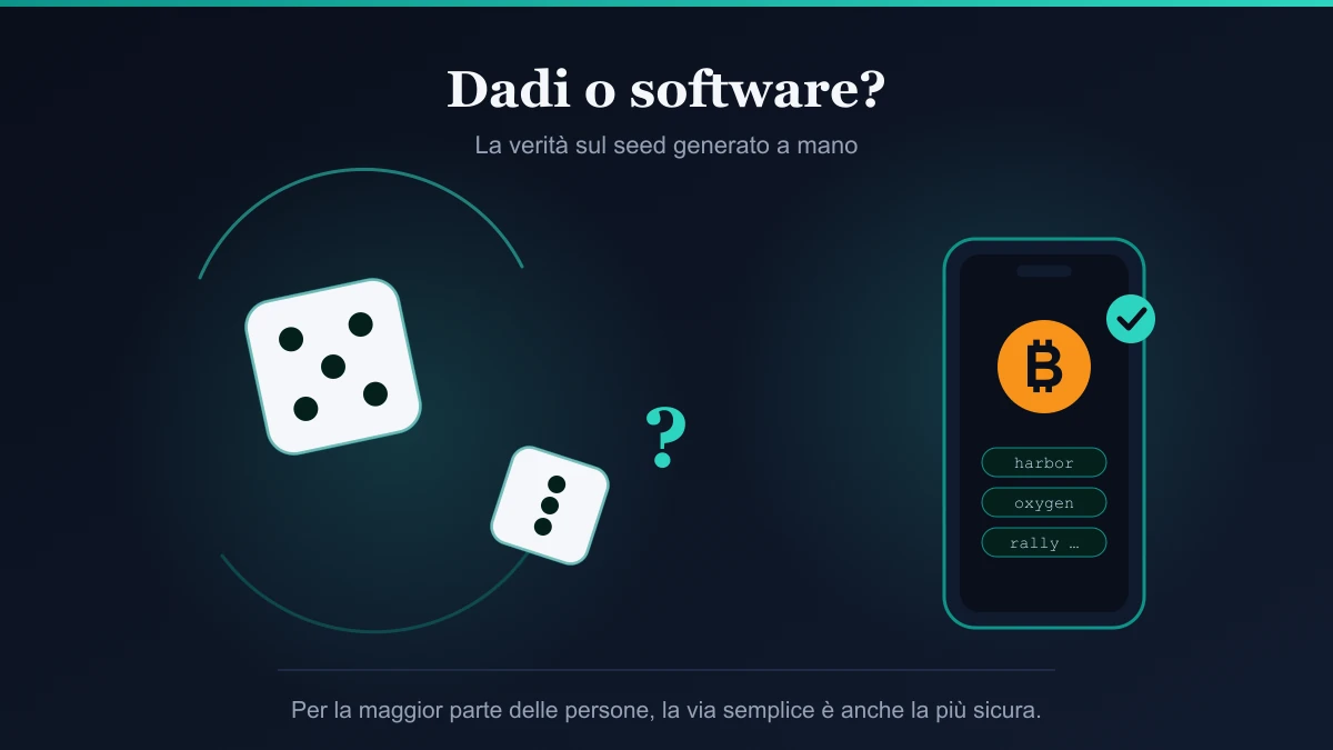 Illustrazione SAFE21: un dado grande e uno piccolo accanto a un punto interrogativo a sinistra, e uno smartphone con un'icona Bitcoin e le prime parole del seed phrase a destra, con un segno di spunta verde. Rappresenta il confronto tra generare il seed coi dadi o con un software.