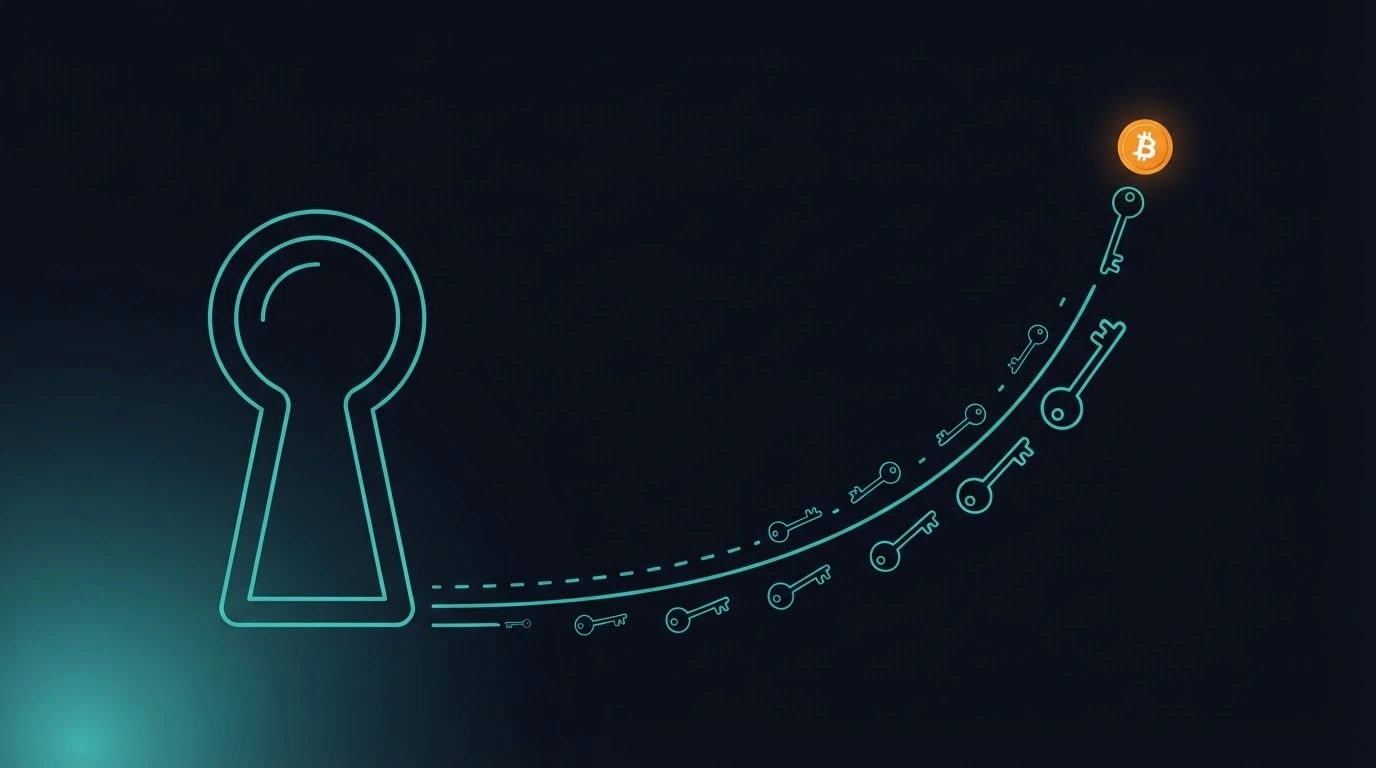 Illustrazione SAFE21: una serratura stilizzata e una fila di chiavi che crescono di dimensione lungo una curva esponenziale, fino a raggiungere il simbolo di Bitcoin. Rappresenta l'aumento della sicurezza al crescere della lunghezza della password.
