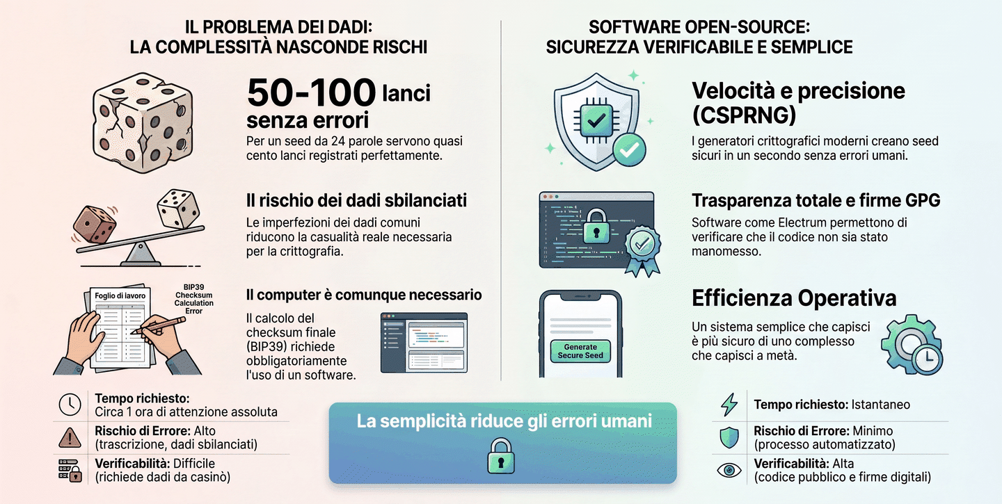 Infografica di confronto tra generazione del seed coi dadi e con software open source: i dadi richiedono 50-100 lanci senza errori, dadi perfettamente bilanciati e comunque un computer per il checksum BIP39; il software open source offre velocità con CSPRNG, trasparenza con firme GPG e rischio di errore minimo.